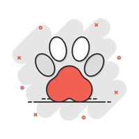 Vector cartoon paw print icon in comic style. Dog, cat, bear paw sign illustration pictogram. Animal foot business splash effect concept.