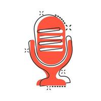 Microphone icon in comic style. Mic broadcast vector cartoon illustration pictogram. Microphone mike speech business concept splash effect.