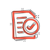Compliance document icon in comic style. Approved process vector cartoon illustration on white isolated background. Checkmark business concept splash effect.