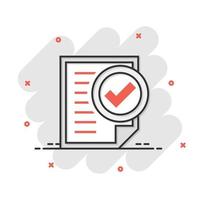 Compliance document icon in comic style. Approved process vector cartoon illustration on white isolated background. Checkmark business concept splash effect.