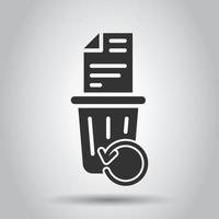 Trash bin with document icon in flat style. Paper recycle vector illustration on white isolated background. Office garbage business concept.