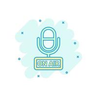 Microphone icon in comic style. Live broadcast vector cartoon illustration on white isolated background. On air business concept splash effect.