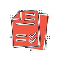 Document checklist icon in comic style. Report cartoon vector illustration on white isolated background. Paper sheet splash effect business concept.