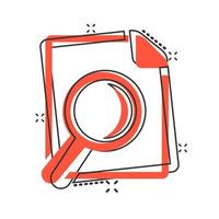 Scrutiny document plan icon in comic style. Review statement vector cartoon illustration pictogram. Document with magnifier loupe business concept splash effect.