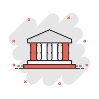 icono de edificio de banco en estilo cómico. Pictograma de ilustración de dibujos animados de vector de arquitectura de gobierno. efecto de salpicadura del concepto de negocio exterior del museo.