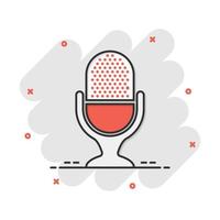 Microphone icon in comic style. Mic broadcast vector cartoon illustration pictogram. Microphone mike speech business concept splash effect.