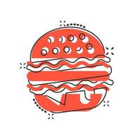 icono de signo de hamburguesa en estilo cómico. ilustración de dibujos animados de vector de hamburguesa sobre fondo blanco aislado. efecto de salpicadura de concepto de negocio de hamburguesa con queso.