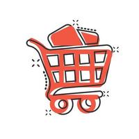 Shopping cart icon in comic style. Trolley cartoon vector illustration on white isolated background. Basket splash effect business concept.