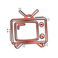 icono de vector de pantalla de tv retro en estilo cómico. vieja ilustración de dibujos animados de televisión sobre fondo blanco aislado. concepto de negocio de efecto de salpicadura de pantalla de tv.