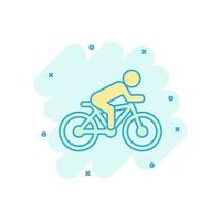 gente en icono de signo de bicicleta en estilo cómico. ilustración de dibujos animados de vector de bicicleta sobre fondo blanco aislado. efecto de salpicadura de concepto de negocio de ciclismo de hombres.