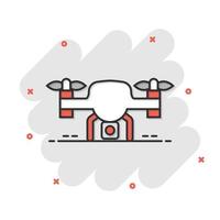 Drone quadrocopter icon in comic style. Quadcopter camera vector cartoon illustration on white isolated background. Helicopter flight business concept splash effect.