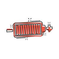 icono de carga de batería en estilo cómico. ilustración de vector de dibujos animados de nivel de potencia sobre fondo blanco aislado. concepto de negocio de efecto de salpicadura de acumulador de litio.