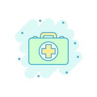 First aid kit icon in comic style. Health, help and medical diagnostics vector cartoon illustration on white isolated background. Doctor bag business concept splash effect.