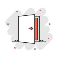 icono de puerta de dibujos animados vectoriales en estilo cómico. Pictograma de ilustración de señal de salida. concepto de efecto de salpicadura de negocio de puerta abierta. vector