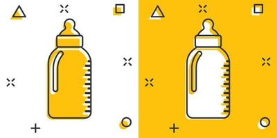 Baby bottle icon in comic style. Milk container cartoon vector illustration on white isolated background. Drink glass splash effect business concept.