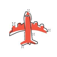 Plane icon in comic style. Airplane cartoon vector illustration on white isolated background. Flight airliner splash effect business concept.