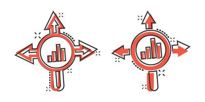 Market trend icon in comic style. Growth arrow with magnifier cartoon vector illustration on white isolated background. Increase splash effect business concept.