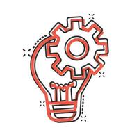 Innovation icon in comic style. Lightbulb with cogwheel cartoon vector illustration on white isolated background. Idea splash effect business concept.