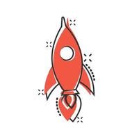 Rocket icon in comic style. Spaceship launch cartoon vector illustration on white isolated background. Sputnik splash effect business concept.