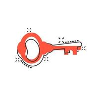 Key icon in comic style. Access login vector cartoon illustration pictogram. Password key business concept splash effect.