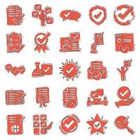 Approve icon set in comic style. Check mark cartoon vector illustration on white isolated background. Tick accepted splash effect business concept.