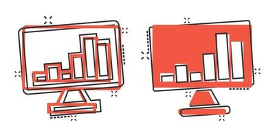 icono de análisis de sitios web en estilo cómico. ilustración vectorial de dibujos animados de datos seo sobre fondo blanco aislado. concepto de negocio de efecto de salpicadura de diagrama de computadora. vector