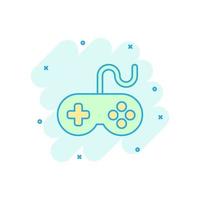 icono de signo de joystick en estilo cómico. ilustración de dibujos animados de vector de gamepad sobre fondo blanco aislado. Efecto de salpicadura de concepto de negocio de controlador de consola de juegos.