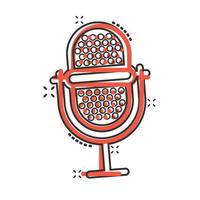 Microphone icon in comic style. Studio mike cartoon vector illustration on white isolated background. Audio record splash effect business concept.