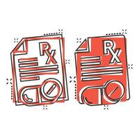 Prescription icon in comic style. Rx document cartoon vector illustration on white isolated background. Paper splash effect business concept.