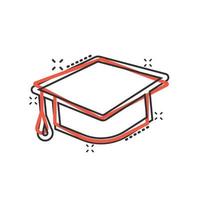 Graduation hat icon in comic style. Student cap cartoon vector illustration on white isolated background. University splash effect business concept.