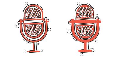 Microphone icon in comic style. Studio mike cartoon vector illustration on white isolated background. Audio record splash effect business concept.