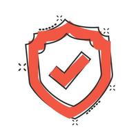 Shield with check mark icon in comic style. Protect cartoon vector illustration on white isolated background. Checkmark guard splash effect business concept.