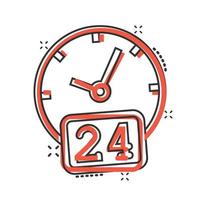 Clock 24 7 icon in comic style. Watch cartoon vector illustration on white isolated background. Timer splash effect business concept.