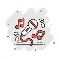 icono de música de karaoke en estilo cómico. ilustración de dibujos animados de vector de voz de micrófono sobre fondo blanco aislado. efecto de salpicadura de concepto de negocio de equipo de audio.