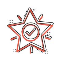 Check mark with star icon in comic style. Add to favorite cartoon vector illustration on white isolated background. Bookmark splash effect business concept.