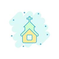 Church icon in comic style. Chapel vector cartoon illustration on white isolated background. Religious building business concept splash effect.