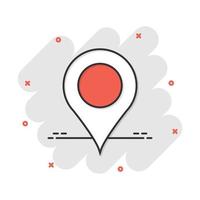 icono de mapa pin en estilo cómico. pictograma de ilustración de vector de navegación gps de dibujos animados. efecto de salpicadura del concepto de negocio de destino de destino.