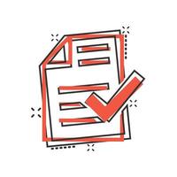 Approved document icon in comic style. Authorize cartoon vector illustration on white isolated background. Agreement check mark splash effect business concept.