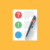 Document with question mark and pen icon in flat style. Quiz survey vector illustration on isolated background. Checklist sign business concept.