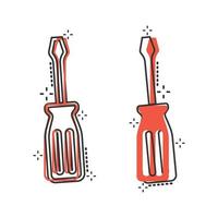 Screwdriver icon in comic style. Spanner key cartoon vector illustration on white isolated background. Repair equipment splash effect business concept.