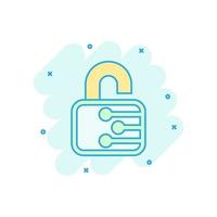 Cyber security icon in comic style. Padlock locked vector cartoon illustration on white isolated background. Closed password business concept splash effect.