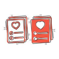 Wishlist icon in comic style. Like document cartoon vector illustration on white isolated background. Favorite list splash effect business concept.