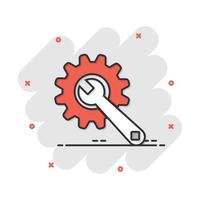 Vector cartoon service tool icon in comic style. Cogwheel with wrench sign illustration pictogram. Workshop business splash effect concept.