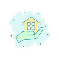 Home care icon in comic style. Hand hold house vector cartoon illustration on white isolated background. Building quality business concept splash effect.