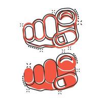 Finger point icon in comic style. Hand gesture cartoon vector illustration on white isolated background. You forward splash effect business concept.