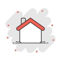 House building icon in comic style. Home apartment vector cartoon illustration pictogram. House dwelling business concept splash effect.