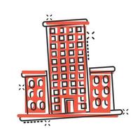 Building icon in comic style. Town skyscraper apartment cartoon vector illustration on white isolated background. City tower splash effect business concept.