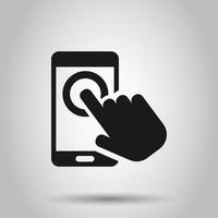 Hand touch smartphone icon in flat style. Phone finger vector illustration on isolated background. Cursor touchscreen business concept.