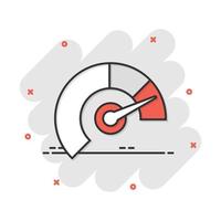 Meter dashboard icon in comic style. Credit score indicator level vector cartoon illustration pictogram. Gauges with measure scale business concept splash effect.