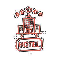 Hotel 5 stars sign icon in comic style. Inn building cartoon vector illustration on white isolated background. Hostel room splash effect business concept.